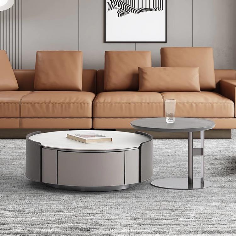 意式极简马鞍皮岩板茶几边几电视柜组合圆形轻奢客厅小户型茶几桌