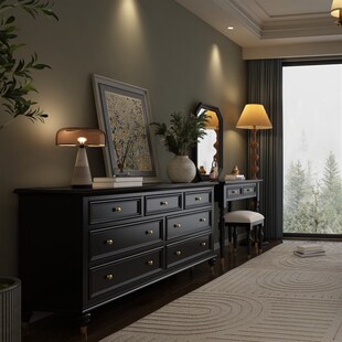 欧煦美式黑色复古斗柜实木储物柜收纳柜六斗七斗九斗柜卧室床尾柜