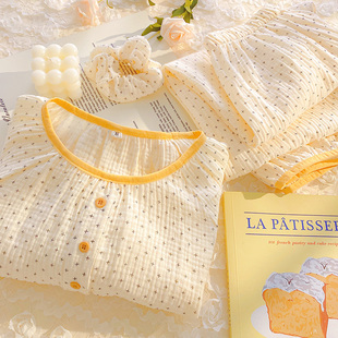 泡泡棉纱睡衣女款纯棉春秋季长袖长裤套头双层纱布家居服宽松套装