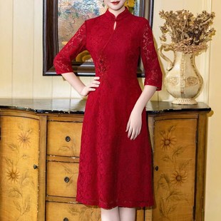 婚庆婆婆红色妈妈旗袍婚宴连衣裙改良A字蕾丝短款大码中年装秋季