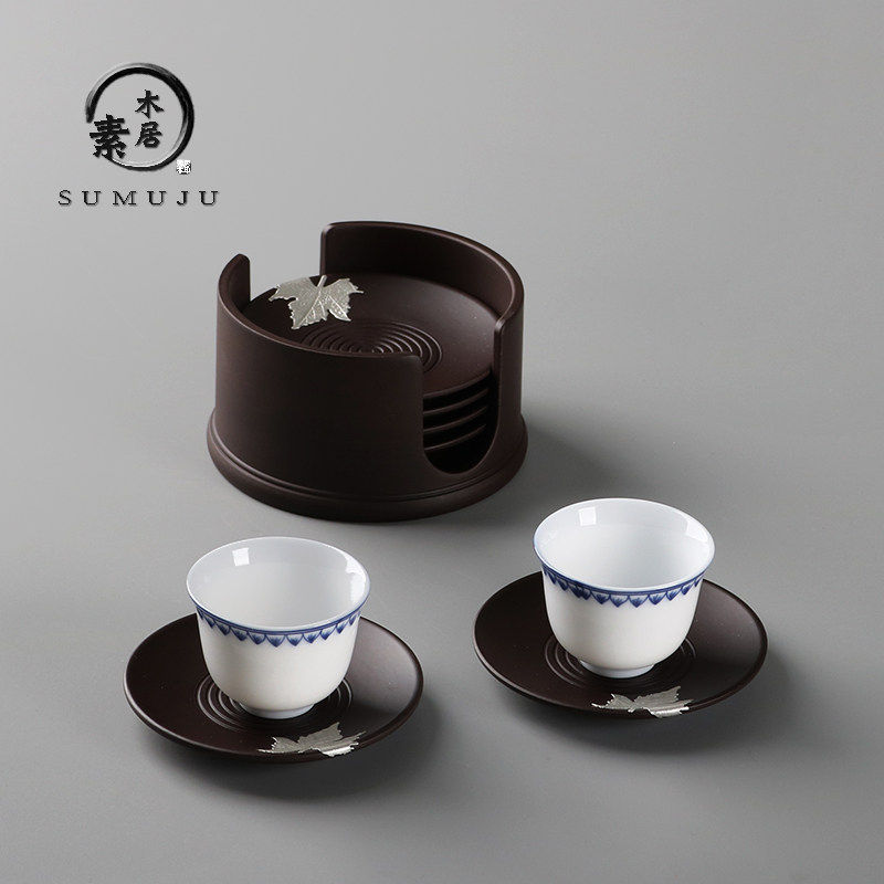 电木镶锡茶杯垫杯托茶托创意黑檀实木隔热垫套装功夫茶具茶道配件