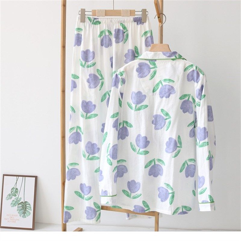 郁金香~棉纱布睡衣女春秋款全棉薄款长袖开衫甜美夏季家居服套装,女士内衣/男士内衣/家居服,睡衣/家居服套装,淘宝优惠券,粉丝福利购,淘宝优惠卷