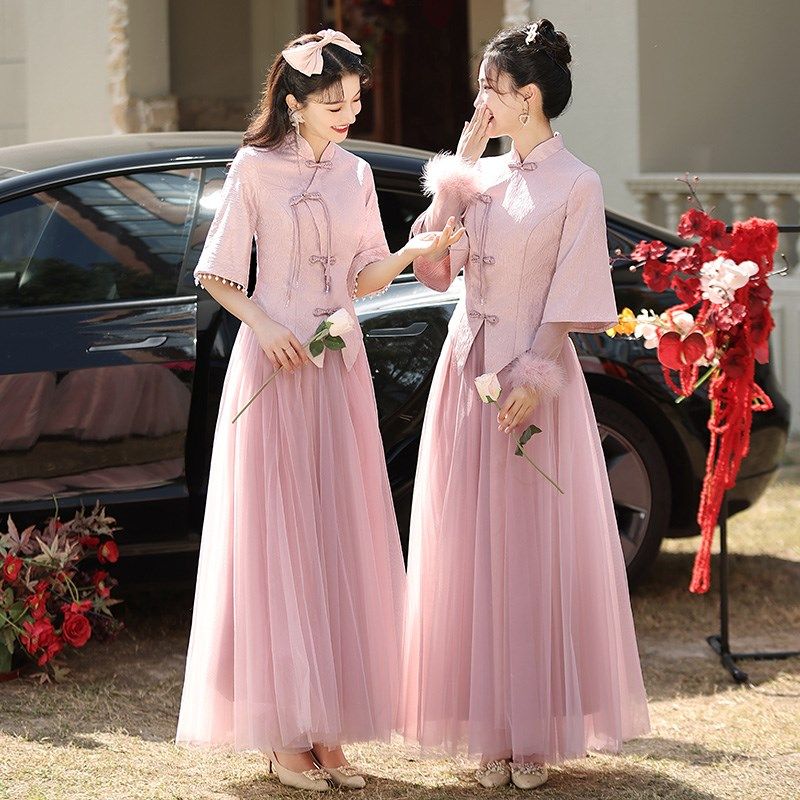 婚礼伴娘服旗袍高级感气质粉色2024新款长袖中式国风姐妹团裙显瘦,女装/女士精品,礼服/晚装,淘宝优惠券,粉丝福利购,淘宝优惠卷