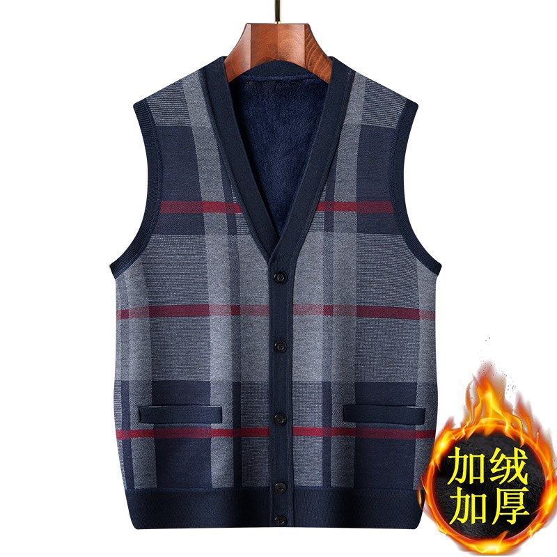中老年人男士加绒加厚针织马甲冬装爸爸V领毛衣开衫爷爷保暖背心