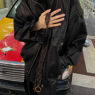 以休眠 复古小众黑色机车短夹克皮衣外套