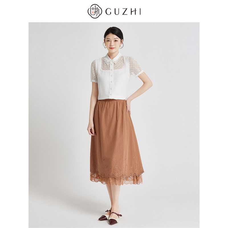 固执2025春季新款娃娃领长袖衬衫+复古绣花半身裙时尚套装女装