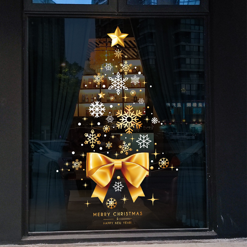 金色雪花耶诞树玻璃门贴纸静电贴橱窗贴耶诞节装饰品场景布置贴画