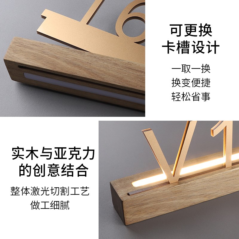 实木发光门牌美容院VIP贵宾室门号牌酒店公寓民宿客房门牌号LED带