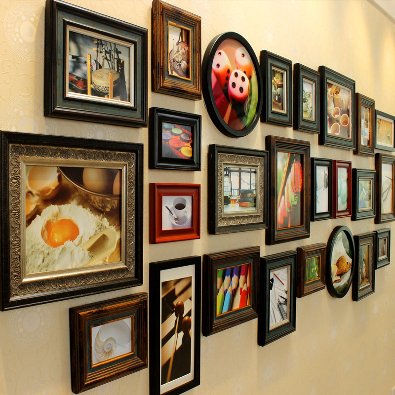 复古实木美式照片墙做旧超大相框客厅相片玄关欧式挂墙楼梯组合画