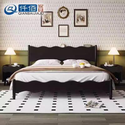 波浪全实木床复古简约现代主卧室双人床1.5米法式1.8米极简风大床