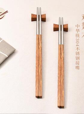 6D鸡A新式翅木筷子家用J不锈钢拼中接筷无漆蜡方形F769S99H不易滚