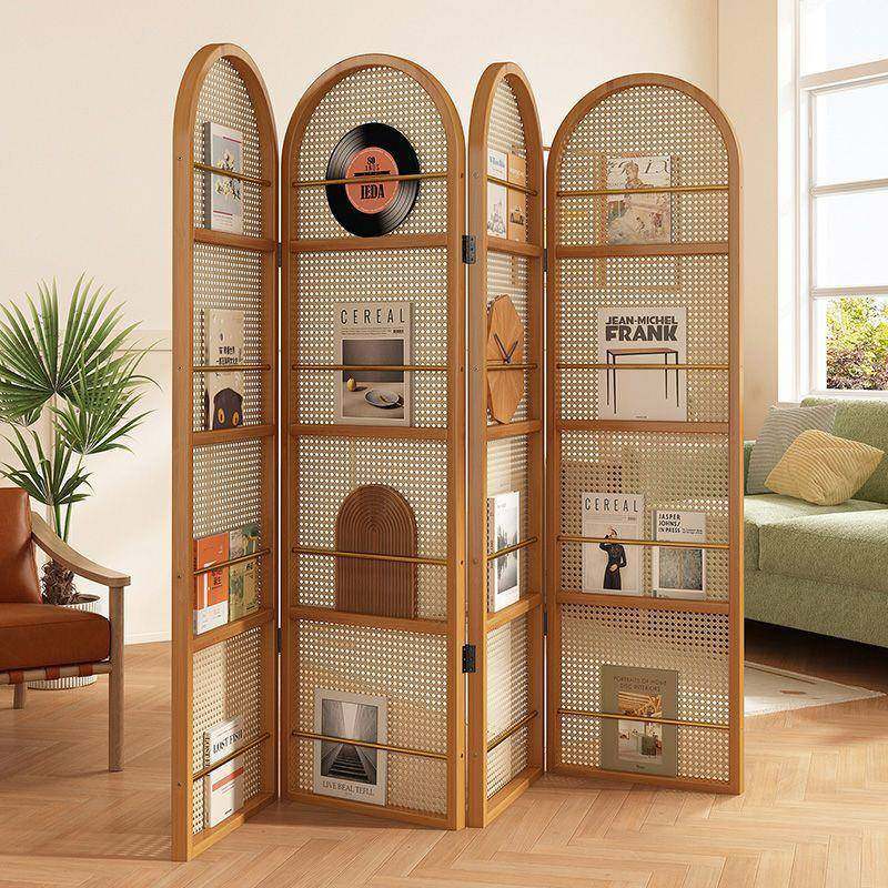 书架客厅落置志物架HVD实木编书地柜儿童绘本收纳架藤屏风移动杂