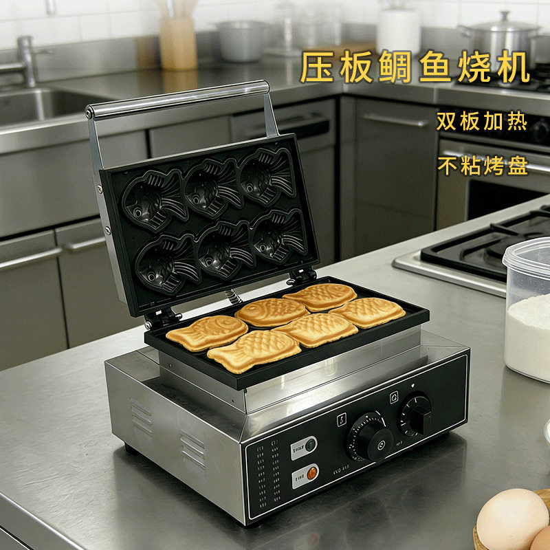 拓企商用电热鲷鱼烧机压板式双面加热小鱼饼机金币小鱼型华夫饼机