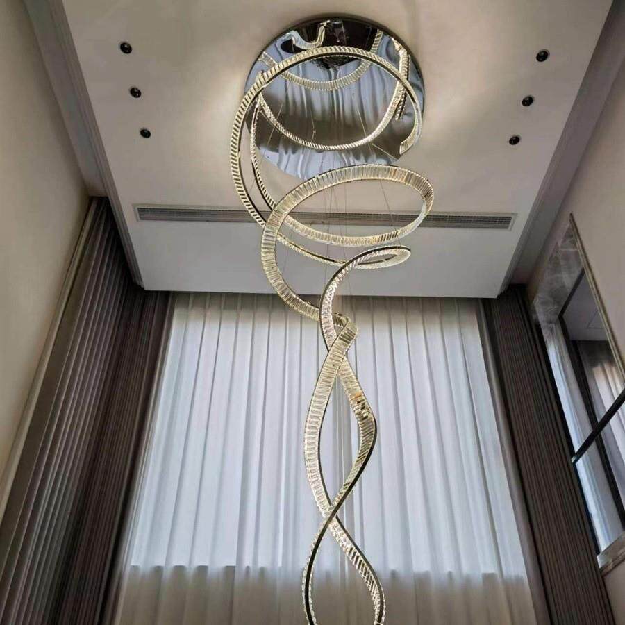 别墅挑空客厅大吊灯设计师轻奢复式楼大吊灯楼梯间水晶飘带大吊灯