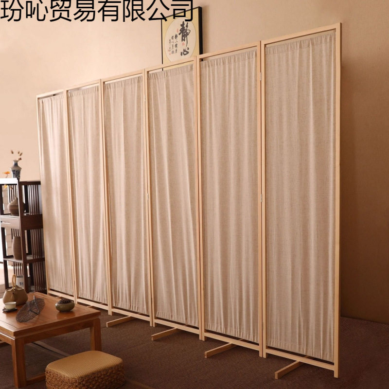 中式实木亚麻布艺屏风入户隔断客厅玄关简约民俗田园布艺折屏