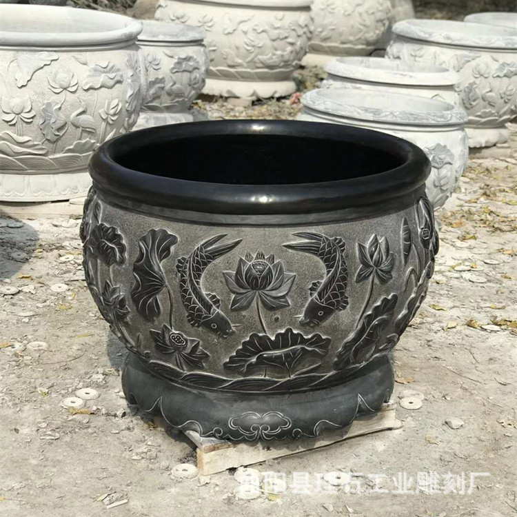批发销售石雕水缸青石仿古鱼缸大理石门海做旧黑花盆庭院装饰石缸