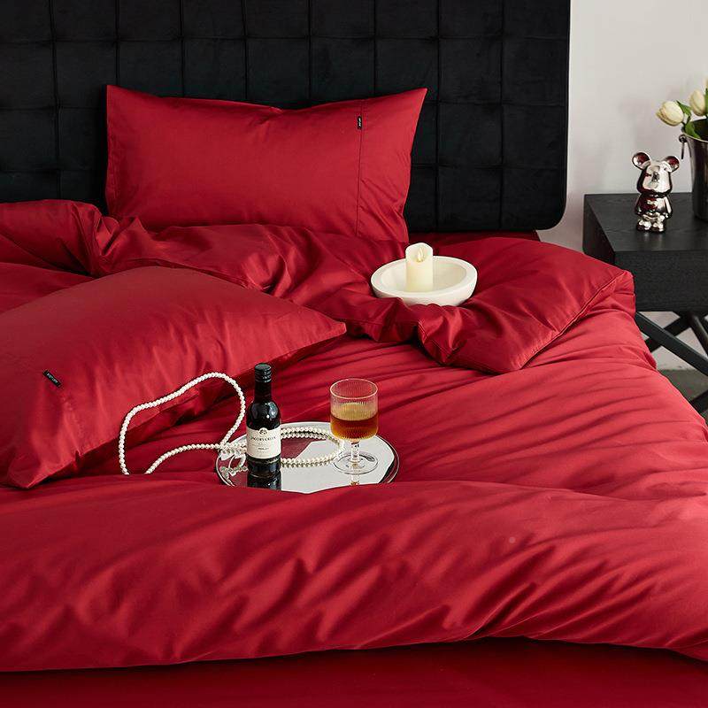 婚庆大红10支套贡缎长绒棉简纯色四件套约结婚纯棉被床0笠PCW陪嫁