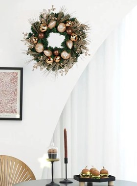 聖誕節裝飾品绿色24聖誕花环60CM金红色圣诞圈场景布置花环挂饰