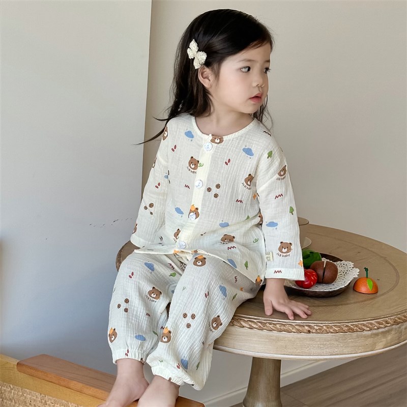 韩国儿童泡泡纱布家居服纯棉春夏款男孩女童网红宽松洋气睡衣套装