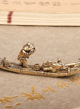 创意复古黄铜鹈鹕竹筏茶桌茶面茶宠装饰小摆件手把玩件铜器古玩