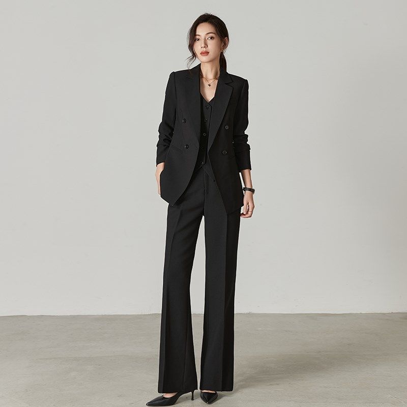 欧美秋冬加厚新款黑色职业商务气质西服外套阔腿裤西装马甲套装女