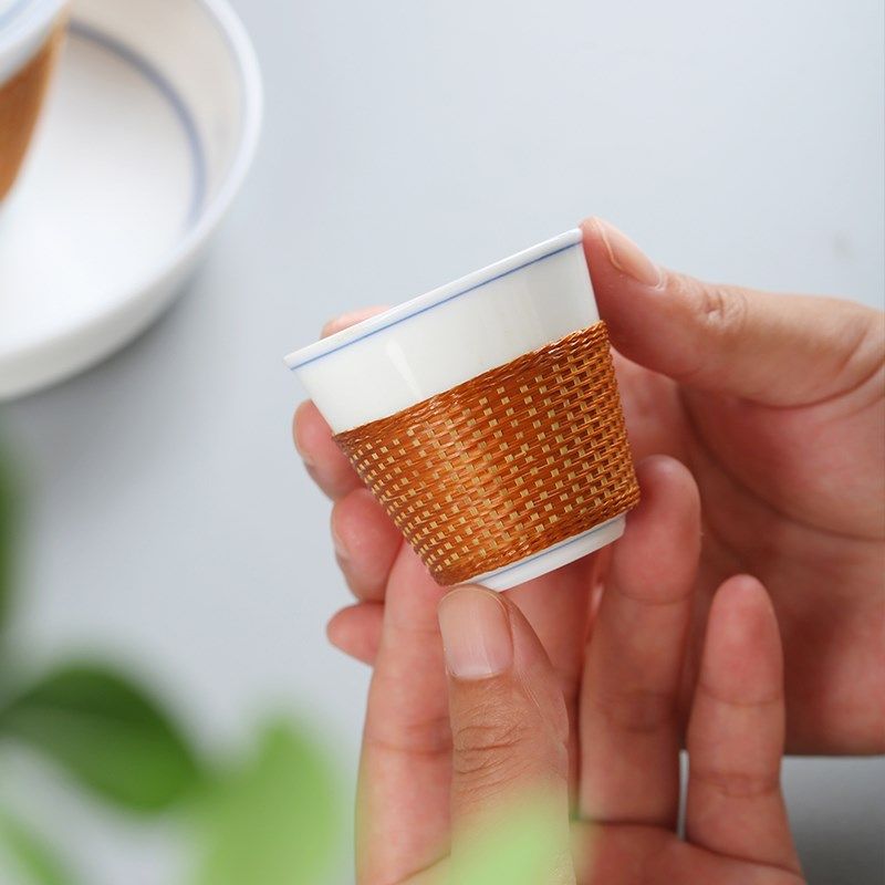 新中式竹编竹丝扣瓷茶杯白瓷盖碗套装家用竹编杯子功夫茶具主人杯,特色手工艺,竹编/竹雕,淘宝优惠券,粉丝福利购,淘宝优惠卷