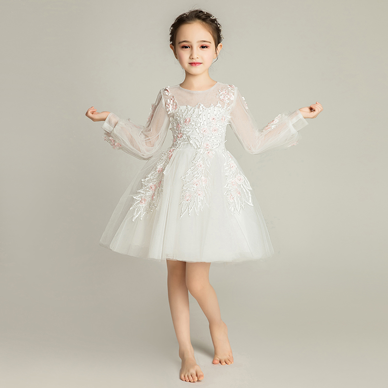 女童晚礼服公主裙长袖儿童婚纱裙子小花童模特走秀钢琴表演服秋冬