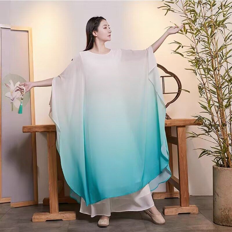 渐变蓝禅舞服裙复古仙气飘逸长裙古筝演出服宽松茶服国风国潮中式