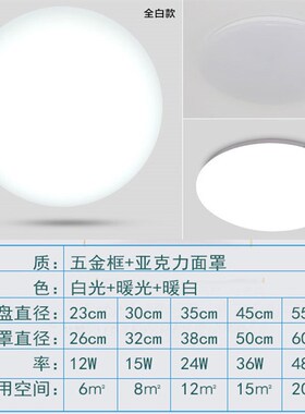 led圆形吸顶灯12w18瓦22w24w32w36w40w48w全白灯罩35cm客厅卧室