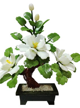 玉石雕刻花树客厅酒柜牡丹花装饰品办公室家居创意玄关盆景摆件