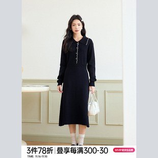 奈格薇儿小个子针织连衣裙女秋冬2024新款法式复古撞色显瘦毛衣裙