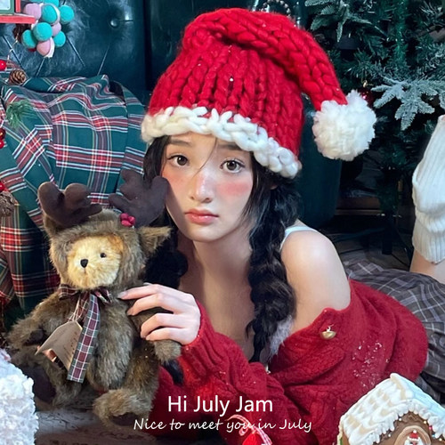 圣诞节红色帽子圣诞老人针织帽粗毛线帽网红氛围拍照道具新年头饰