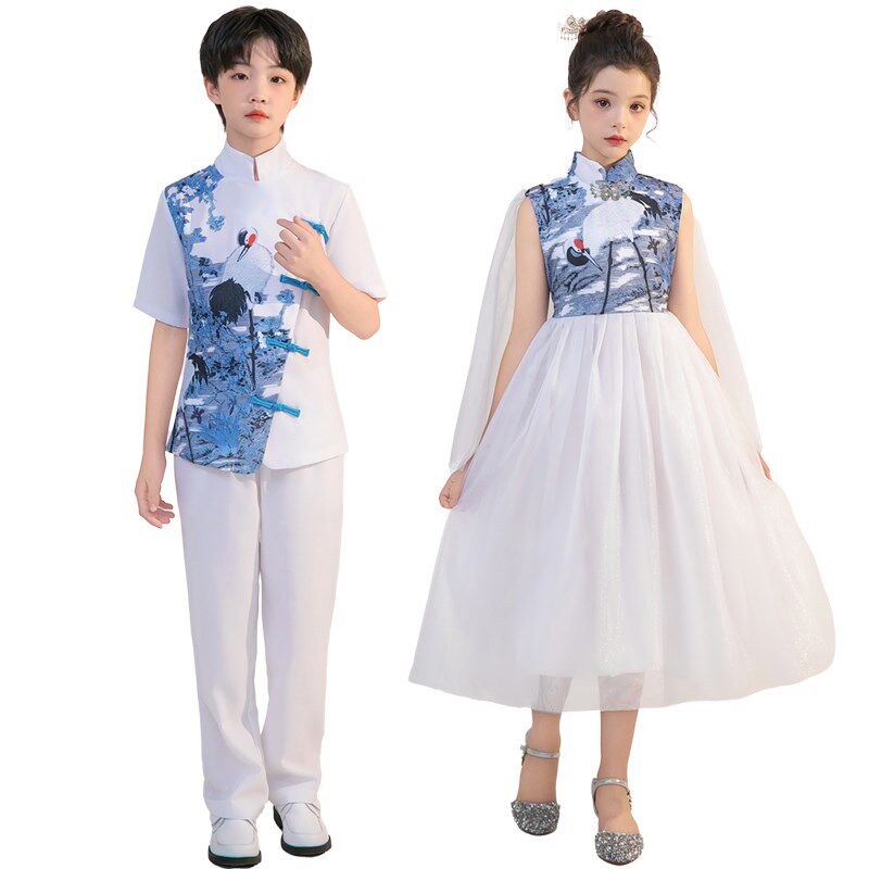 儿童古筝演出服小学生合唱服长袖中国风国学汉服大合唱团表演服装