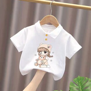 纯棉女童装 夏季 儿童宝宝卡通洋气百搭休闲短袖 T恤翻领上衣 POLO衫