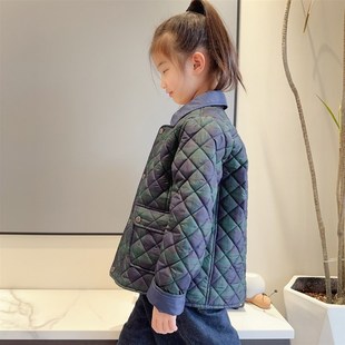 2024春季新款童装儿童绿色格子翻领薄棉服男女童中性夹棉棉衣外套