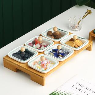 陶瓷配玻竹木MLQ零盖带食拼璃盘6格果盘干果盒过年婚庆糖果盘零食