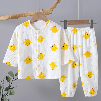 儿童睡衣春夏季薄款纯棉纱布双层透气男童男孩宝宝a类家居空调服