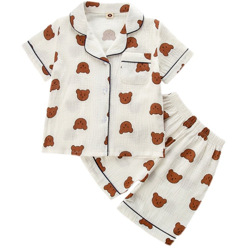 棉纱短袖开衫童装儿童睡衣宝宝家居服套装夏季中大童男童女童薄款