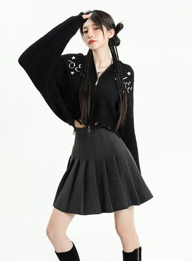 KRO灰色高腰防走光百褶半身裙女2023新款显瘦学院风西装A字短裙