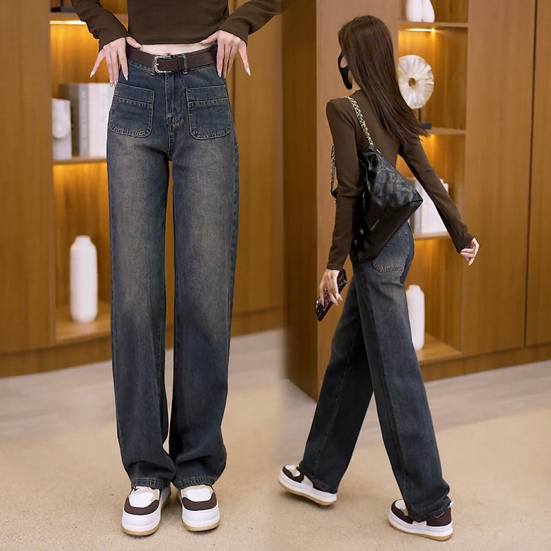 复古窄版阔腿牛仔裤女春秋2024年新款高腰宽松直筒女裤秋季裤子秋,女装/女士精品,牛仔裤,淘宝优惠券,粉丝福利购,淘宝优惠卷