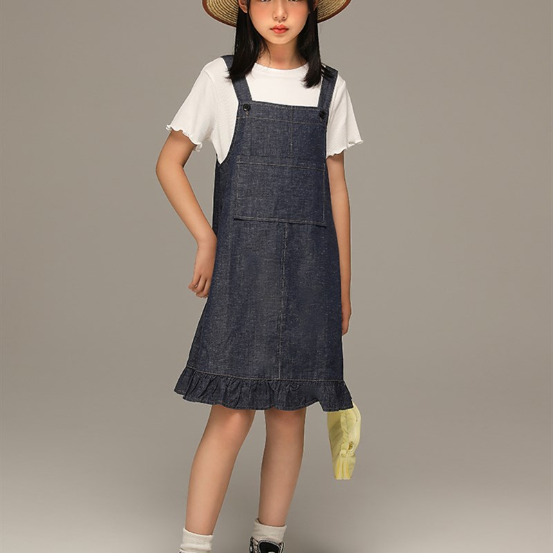 女童夏装荷叶裙摆牛仔背带裙百搭吊带裙儿童木耳边短袖连衣裙套装