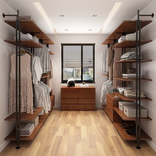 开放式衣柜架挂墙金属实木落地卧室铁艺置物架步入式挂衣架衣帽间
