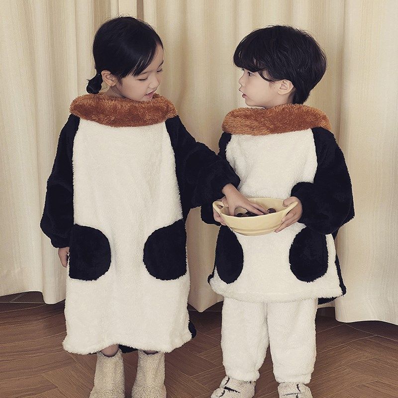 儿童法兰绒睡衣男童秋冬季宝宝睡袍小孩女童睡裙珊瑚绒家居服套装