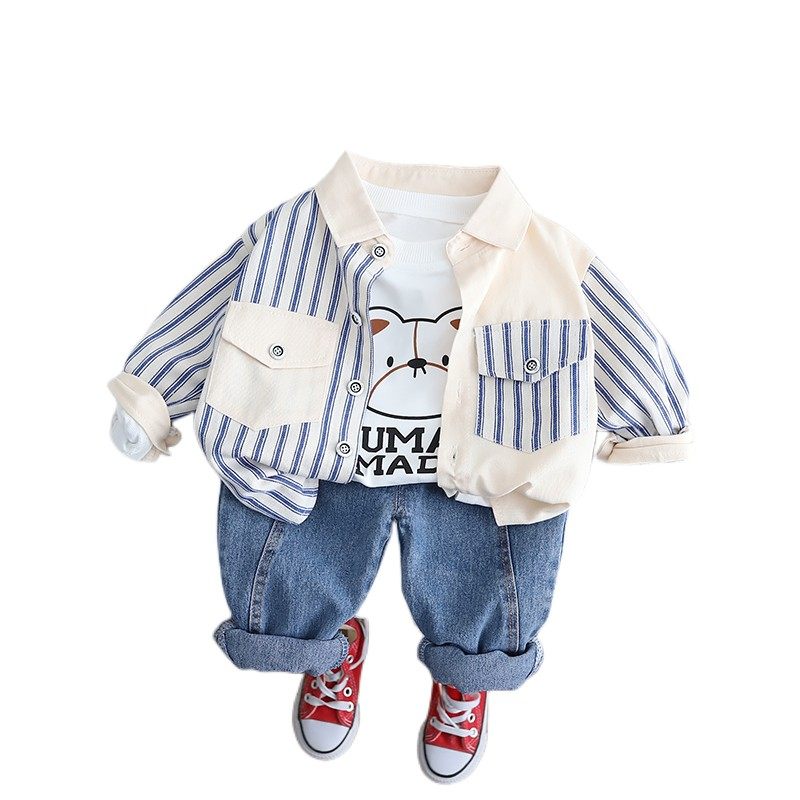 男童宝宝春装套装2023新款0一1-4岁婴儿衬衫春秋夹克三件套洋气潮