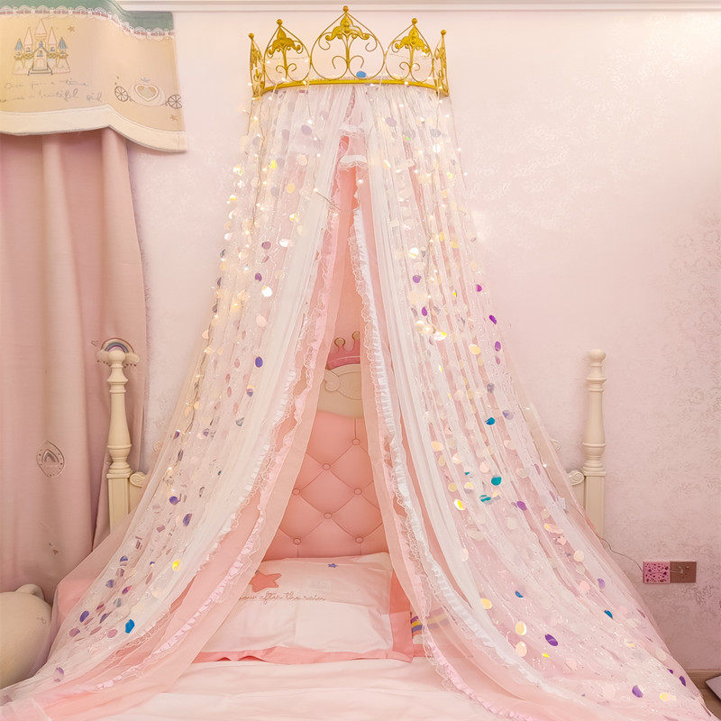 可爱公主床幔北欧大彩色亮片绣家用卧室装饰纱三层粉嫩少女心通用