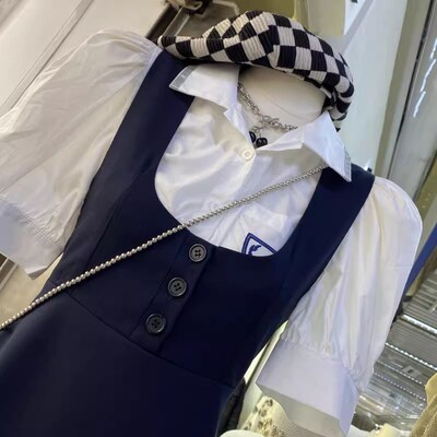 学院风背带连衣裙套装女夏季收腰小黑裙子白色衬衫小个子两件套女