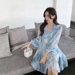 法式 浪漫V领木耳边雪纺碎花连衣裙女v领抽绳显瘦打底吊带两件套夏