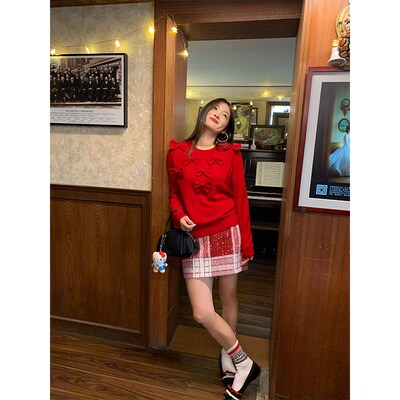 落落狷介 亮片半身裙女2024年新款春夏小个子红色格子半裙包臀裙