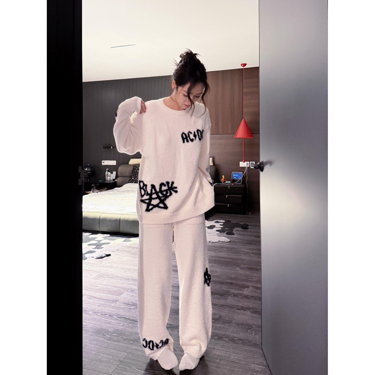 doubleoo软绵绵半边绒套头可外穿家居服套装时尚气质睡衣星星涂鸦