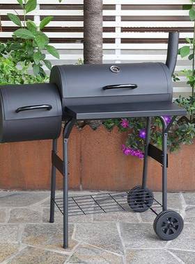 炉现货烟囱子母烧烤户外美式焖烤52287烟熏烤炉手车炭烧木推烤架子母炉